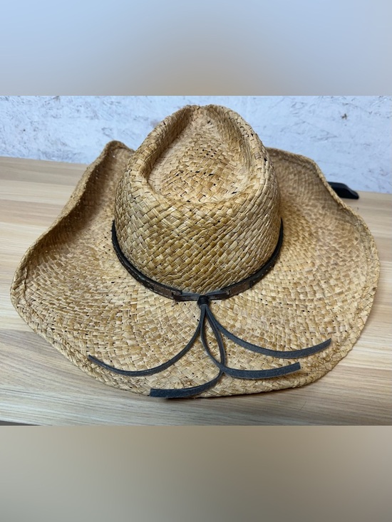 Scala Natural Straw Cowboy Hat with Brown/faux Turquoise Studded Band Sz L - Picture 2 of 4